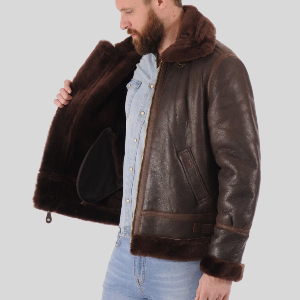 Blouson aviateur en cuir et peau de mouton retournée - Le style classique rencontre la chaleur moderne