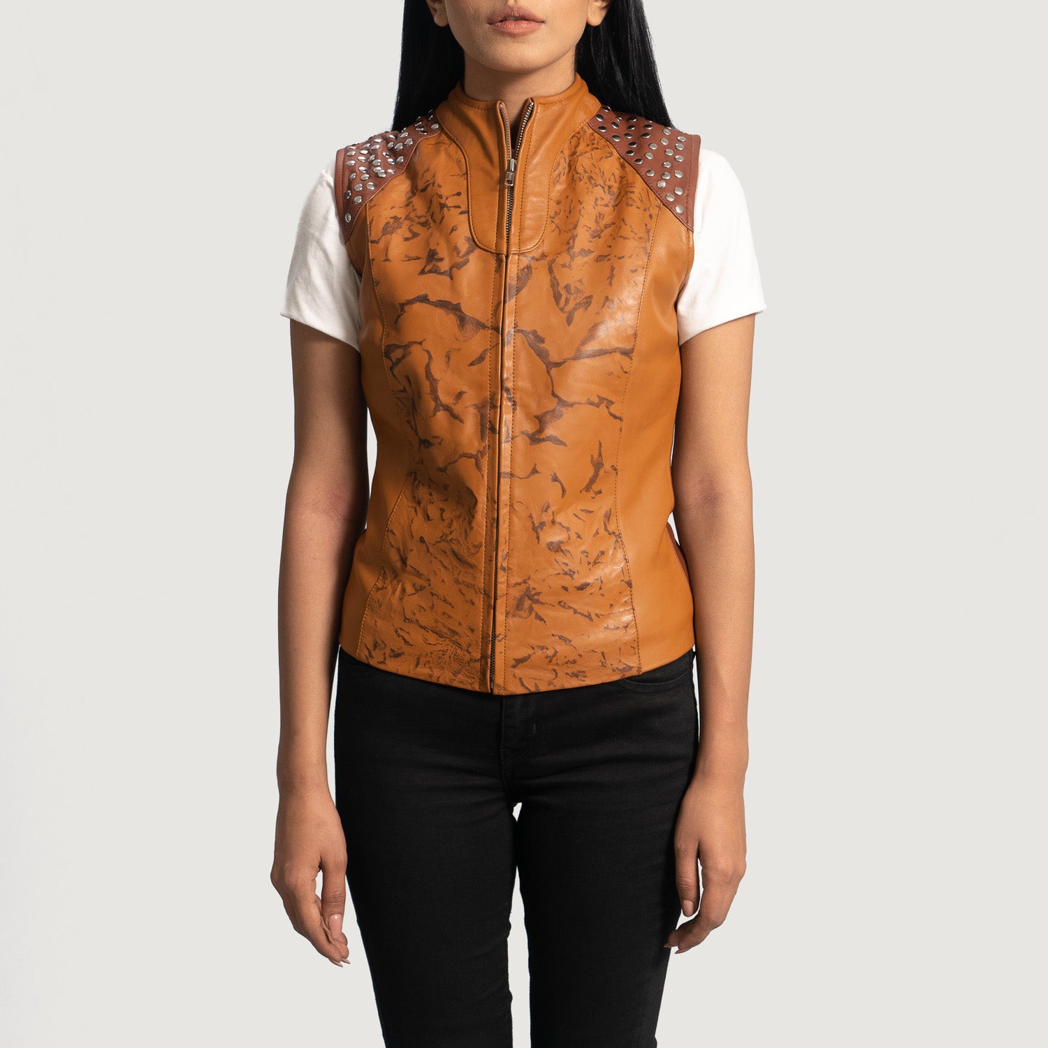 Gilet en cuir marron élégant pour femme – Équipement de moto haut de gamme avec une touche moderne